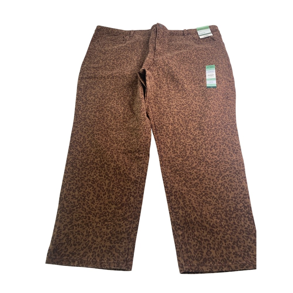 Terra & Sky Womens 24W Brown Leopard Print High Rise Straight Leg Pants NWT